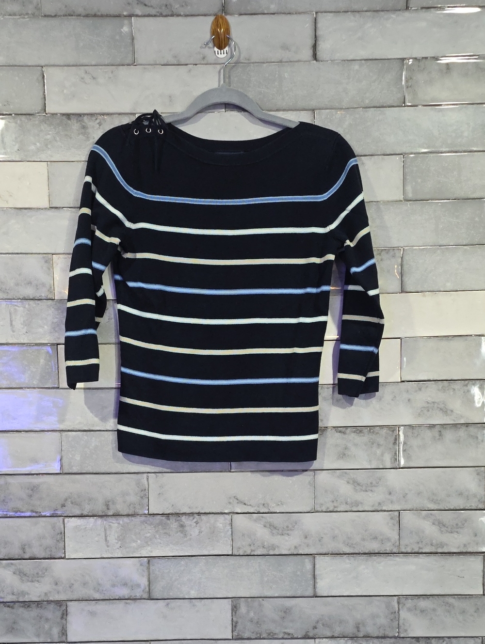 Ann Taylor Striped Navy Boatneck Sweater 3/4 Sleeve Women's Size Small